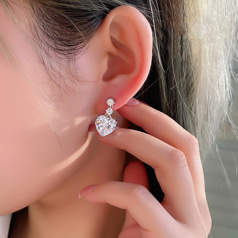 3-Stone Heart Diamond Dangle S925 Silver Stud Earrings, Multi-color Heart Cut Main Stone Luxury Earrings