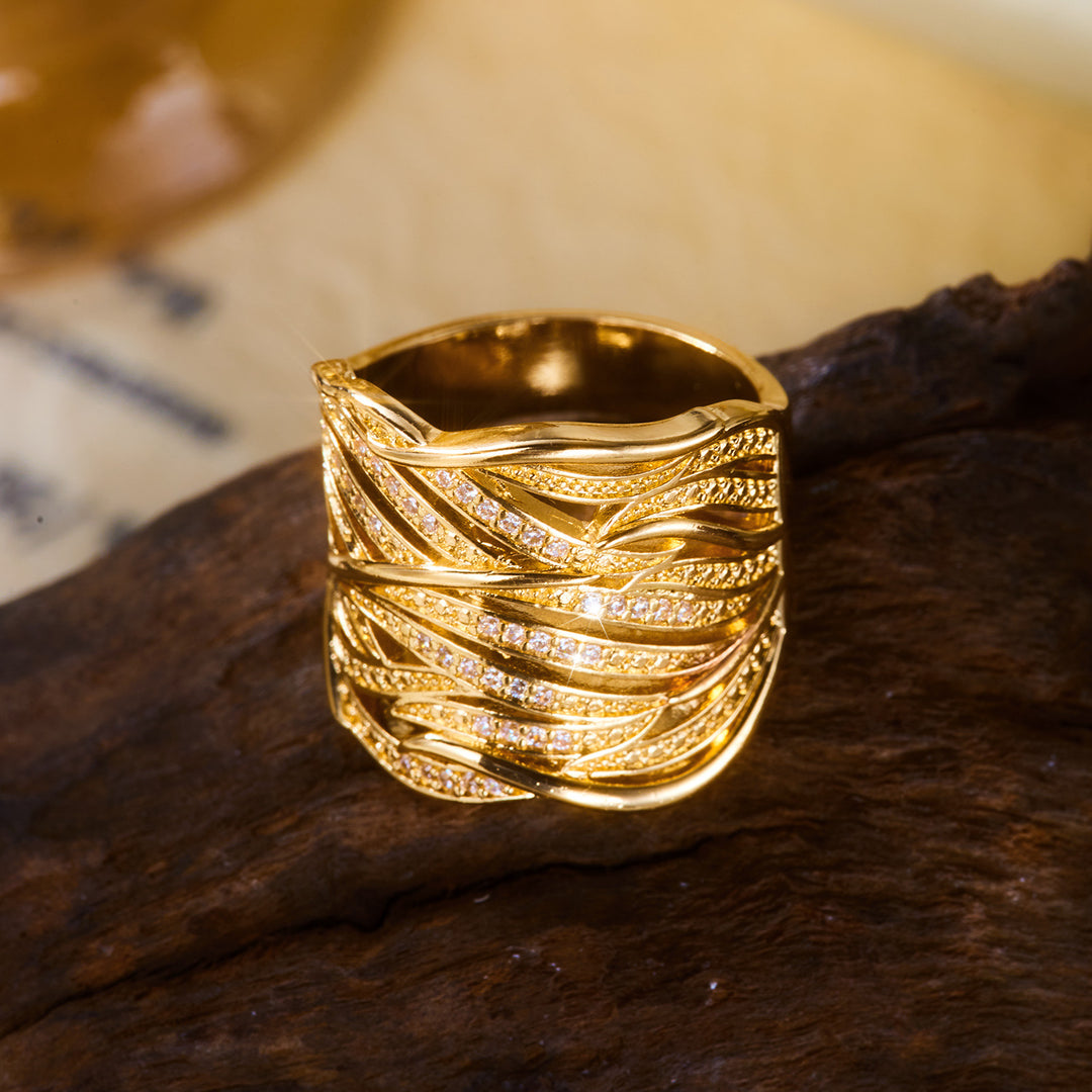 Interlaced Leaf Pave Diamond Wide Ring, Gold Sculpted Palm Leaf Hollow Statement Band For Women