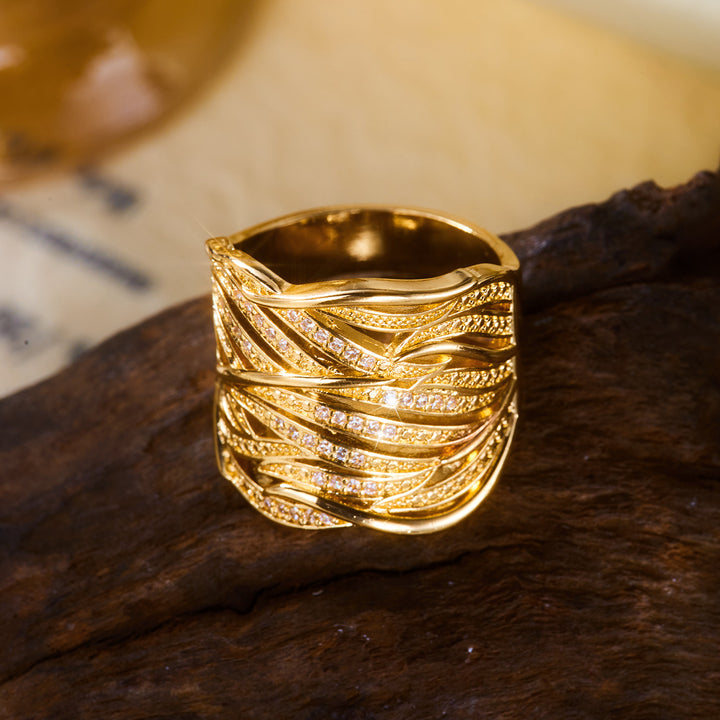 Interlaced Leaf Pave Diamond Wide Ring, Gold Sculpted Palm Leaf Hollow Statement Band For Women