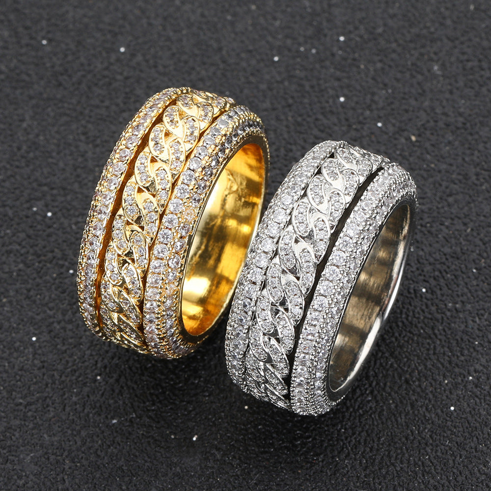 Rotatable Wide Band Ring with Twisted Chain Center & Side Paved Diamonds, Heavy Hip Hop Titanium Steel Spinner Ring Gold Silver Unisex Jewelry
