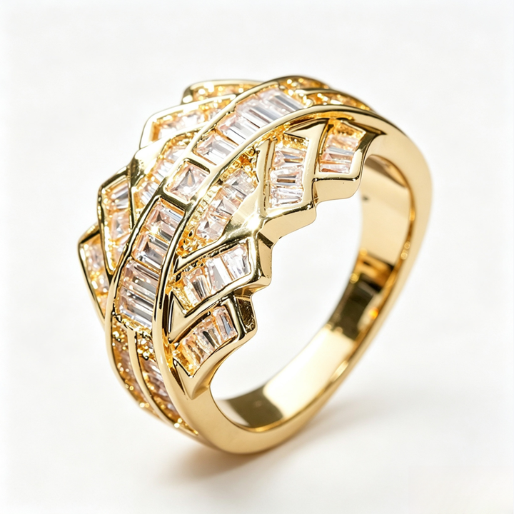 Double Layer Interwoven Baguette Diamond Wavy Wide Ring, Solid S925 Silver Gold & Silver Two-Tone Luxury Heavy Pave Band