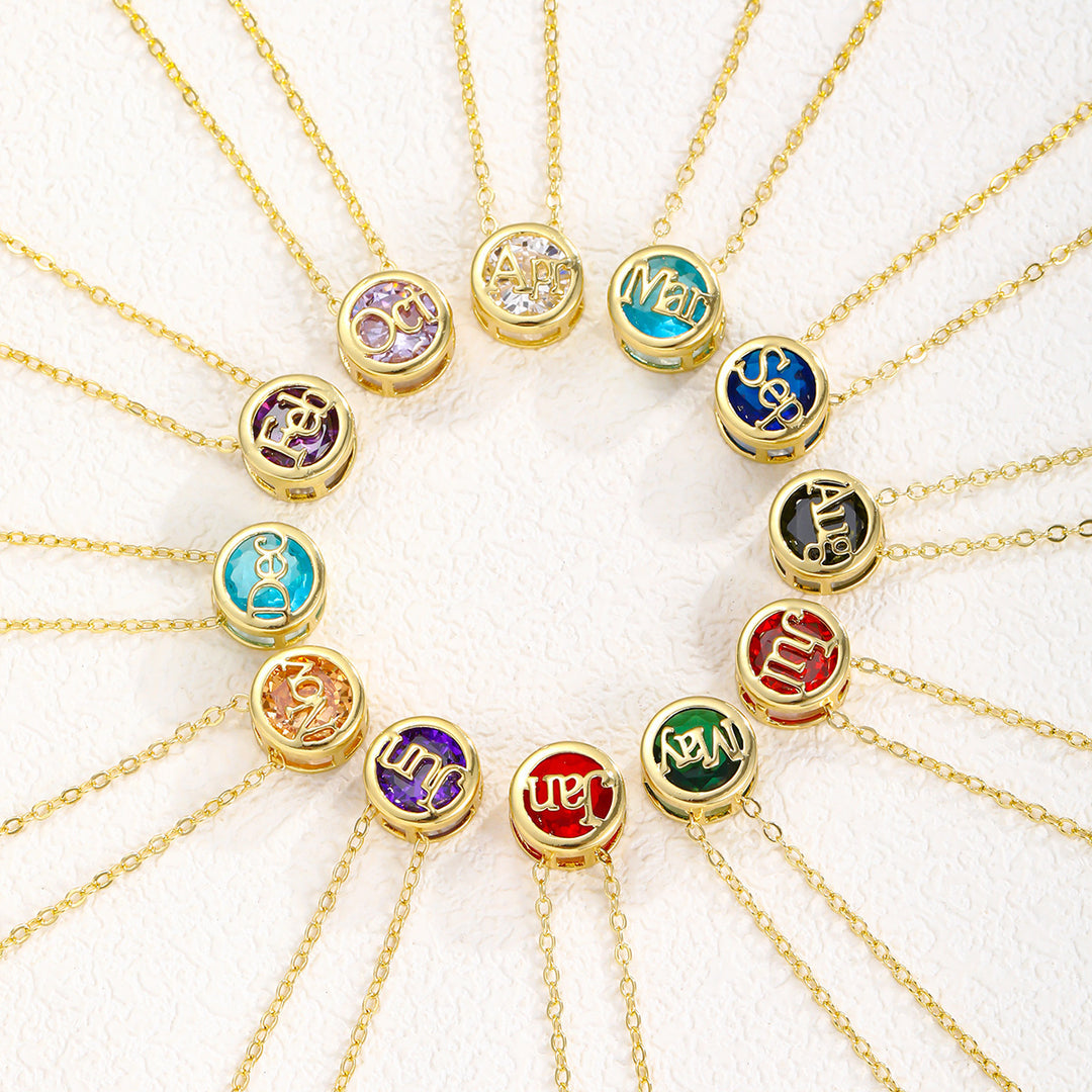 12‑Month Birthstone Round Letter Pendant Necklace, Multi‑Color Options