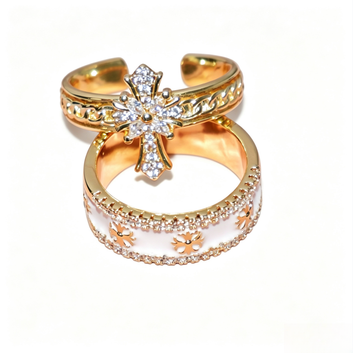 Vintage Cross Enamel 2Pcs Open Ring Set, Gold Carved Pave Diamond Stacking Bands For Women