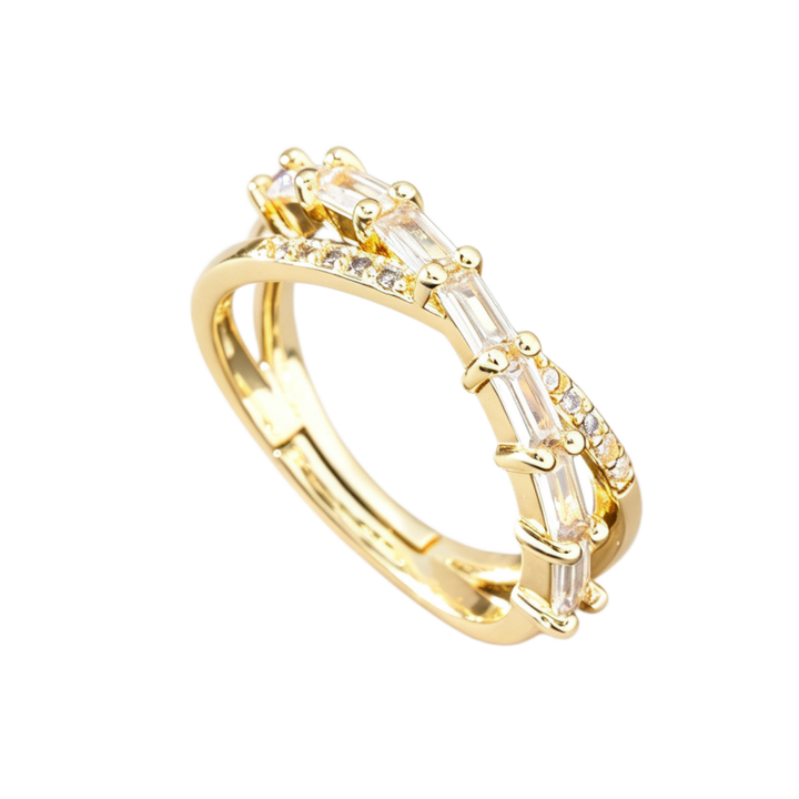 Twisted Baguette Diamond Double Layer Open Ring, Two Styles Clear & Rainbow Stones Adjustable Ring