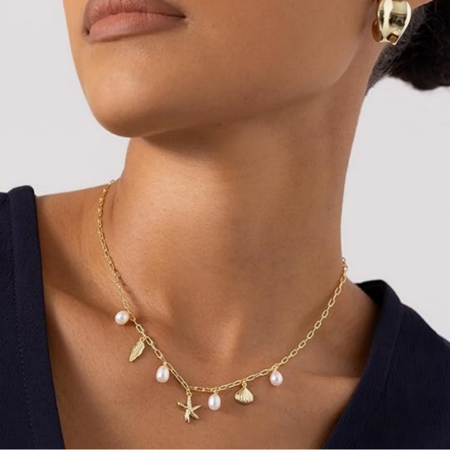 Beach Vacation Starfish Shell Feather Pearl Necklace, Simple Multi-Charm Ocean Style Clavicle Chain for Women
