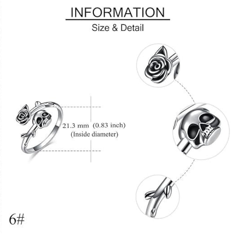 Vintage Skull Rose Open Ring, Gothic Punk Adjustable Unisex Statement Ring for Men & Women