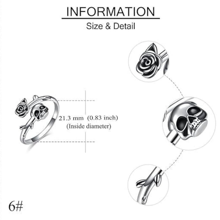 Vintage Skull Rose Open Ring, Gothic Punk Adjustable Unisex Statement Ring for Men & Women