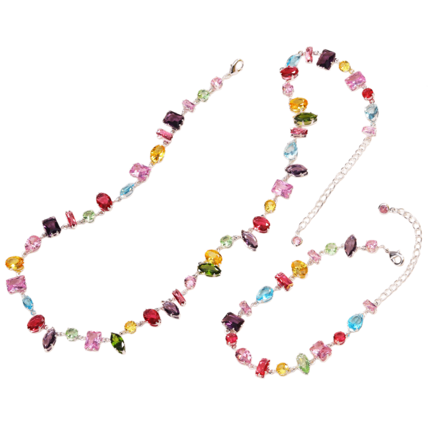 Multi-Shape Rainbow Diamond Prong Chain Jewelry, Gold &amp; Silver Rainbow Gem Bracelet &amp; Matching Choker Necklace Set