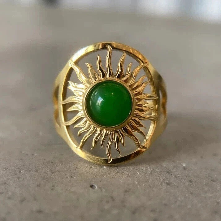 Openwork Sunburst Green Chalcedony Bezel Ring, Solid S925 Silver Gold-Plated Vintage Sun God Unique Band