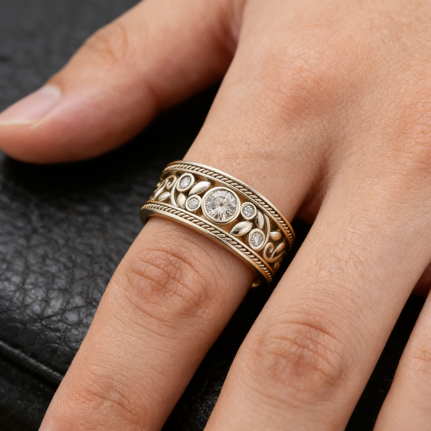 Vintage Filigree Diamond Wide Band Ring (Ornate Silver Tone Statement Ring)