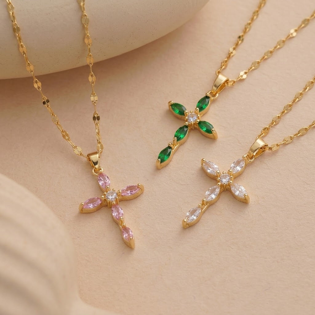 Marquise‑Cut Colored Diamond Cross Pendant Choker Necklace, 3‑Color Options