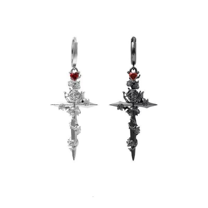 Gothic Rose Cross Sword Earrings (Edgy Punk Statement Hoops)