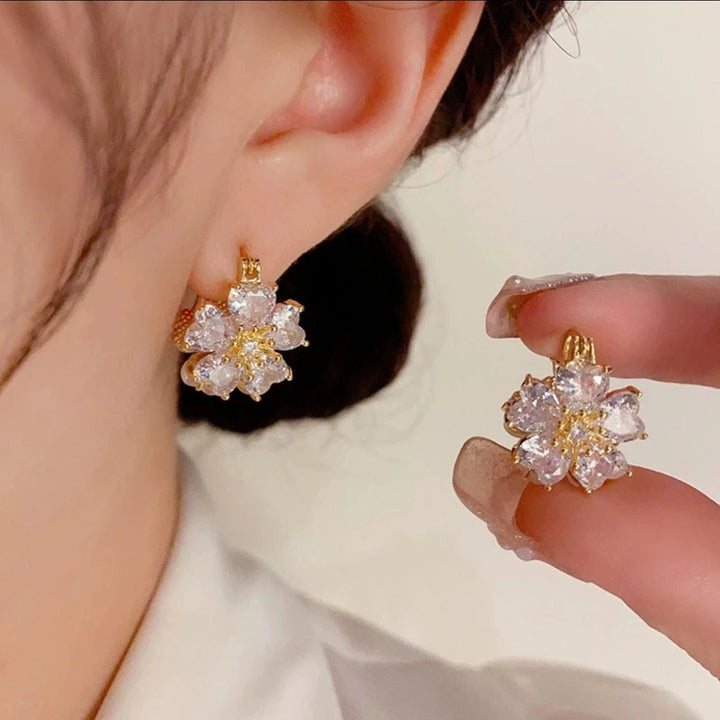 Diamond Flower S925 Silver Hoop Earrings, Luxury 3D Diamond Petal Earrings