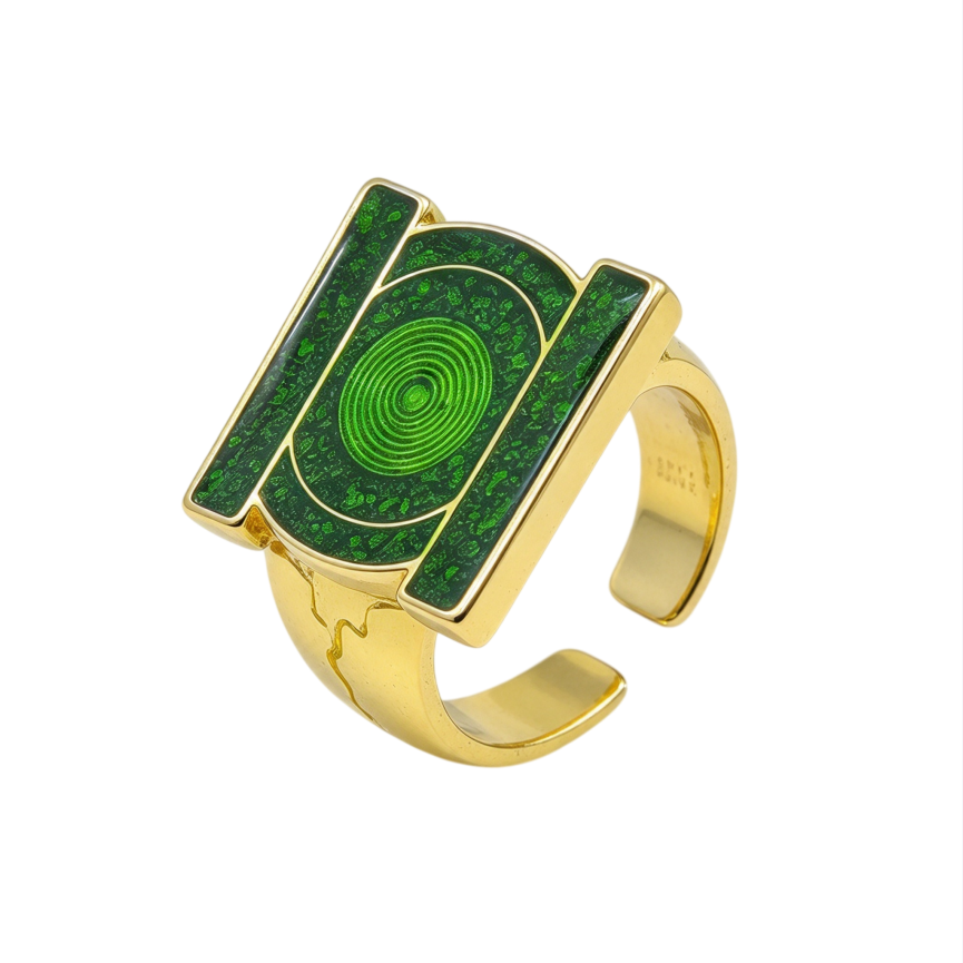 Geometric Green Enamel Open Ring