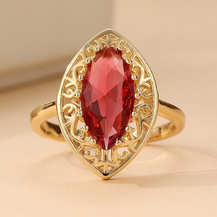 S925 Silver Gold‑Tone Marquise Red Stone Openwork Ring, Vintage Royal‑Style Women Band