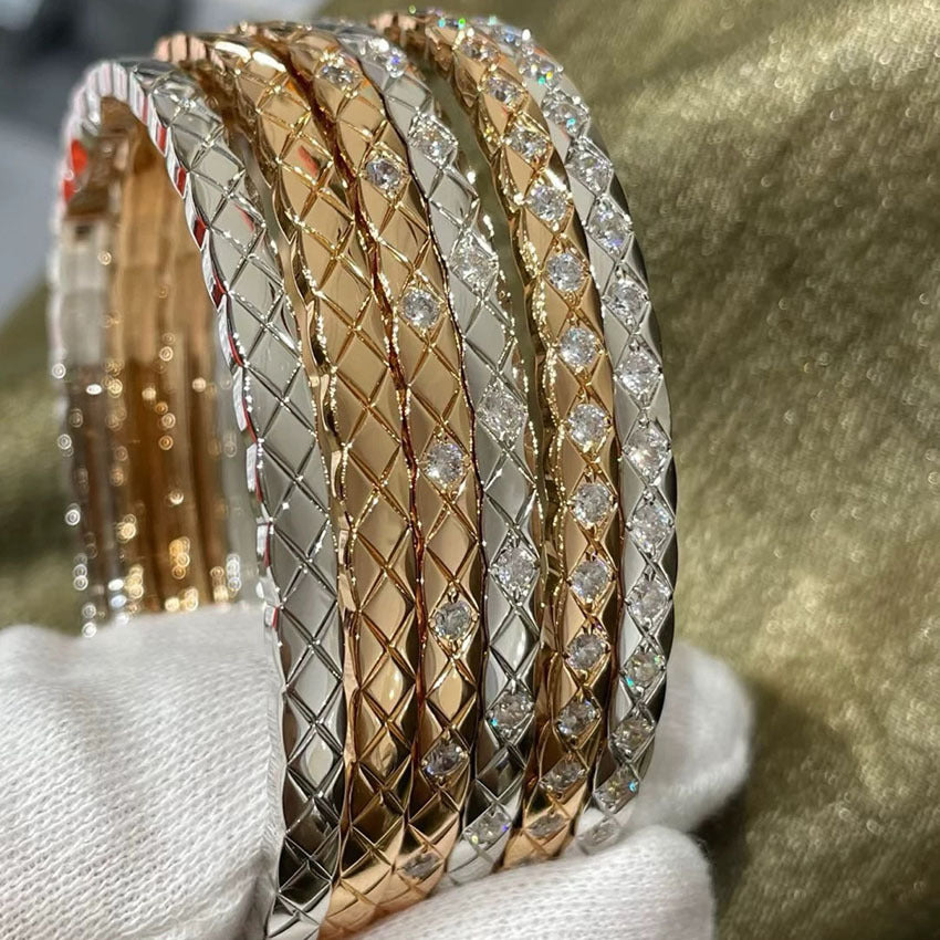 Diamond Lattice Snap Thin Bangle, Gold & Silver No/Half/Full Diamond Light Luxury Slim Bracelet