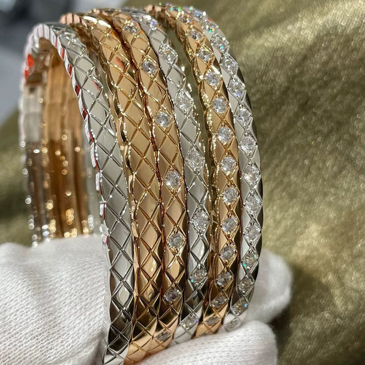 Diamond Lattice Snap Thin Bangle, Gold & Silver No/Half/Full Diamond Light Luxury Slim Bracelet