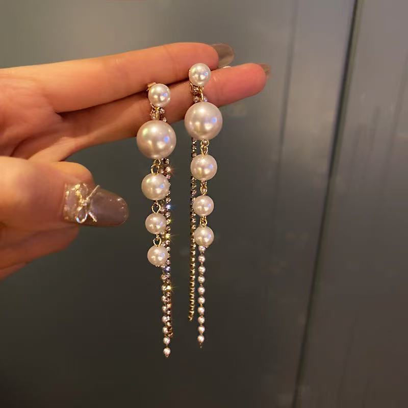 Graduated‑Pearl Long Tassel Drop Earrings, Silver & Gold Two‑Tone Options