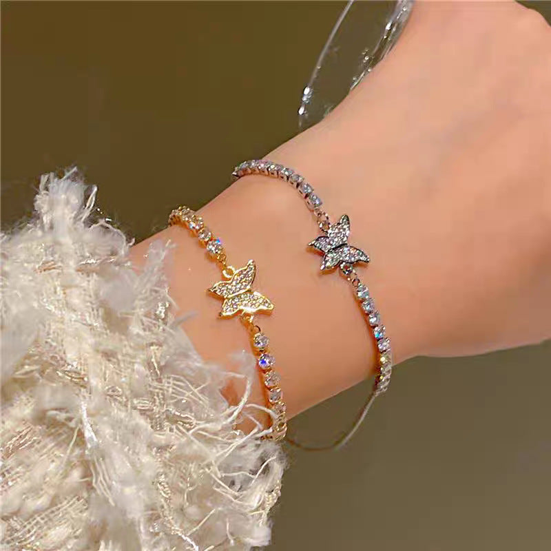 Pave Diamond Butterfly Slim Chain Bracelet (Sweet-Cool Girlish Style Light Luxury Stackable Bracelet)