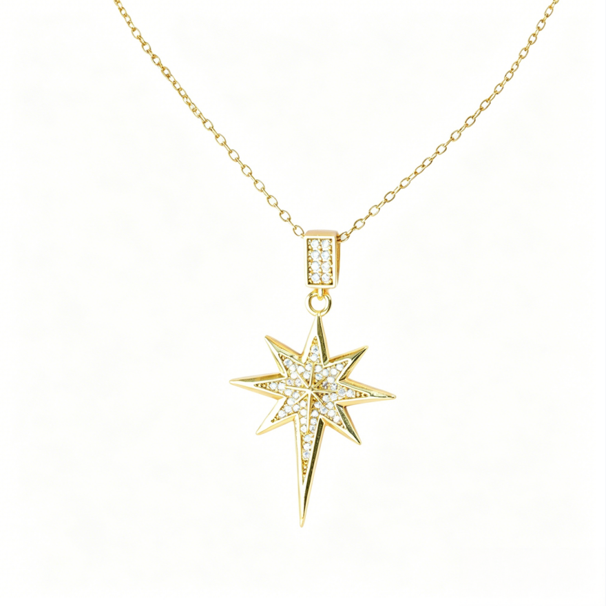 Full Paved Eight-Pointed Star Pendant Necklace, European Luxury Dainty Shining Star Clavicle Necklace for Women