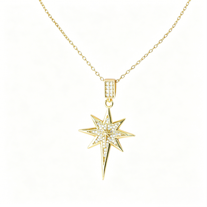 Full Paved Eight-Pointed Star Pendant Necklace, European Luxury Dainty Shining Star Clavicle Necklace for Women