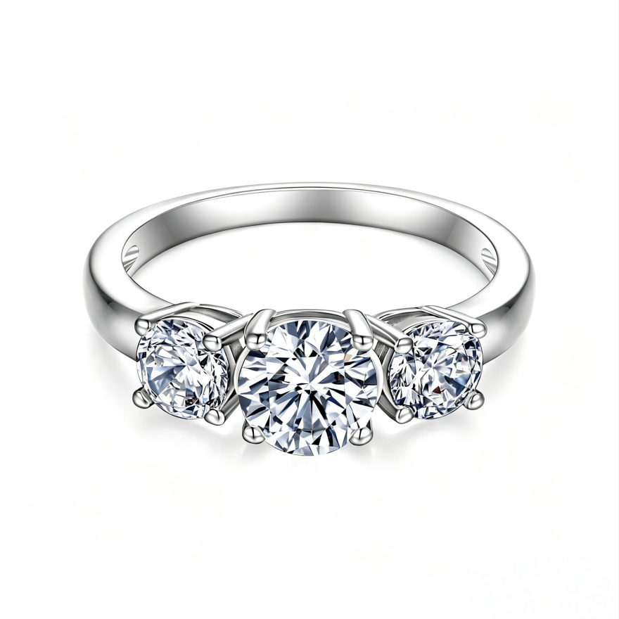 Classic Three Diamond Ring Set, 3-Stone Engagement Ring & Half Eternity Band Gold Silver Stackable Bridal Wedding Rings