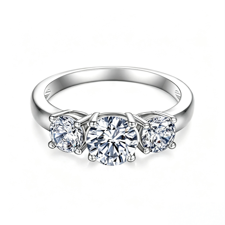 Classic Three Diamond Ring Set, 3-Stone Engagement Ring & Half Eternity Band Gold Silver Stackable Bridal Wedding Rings