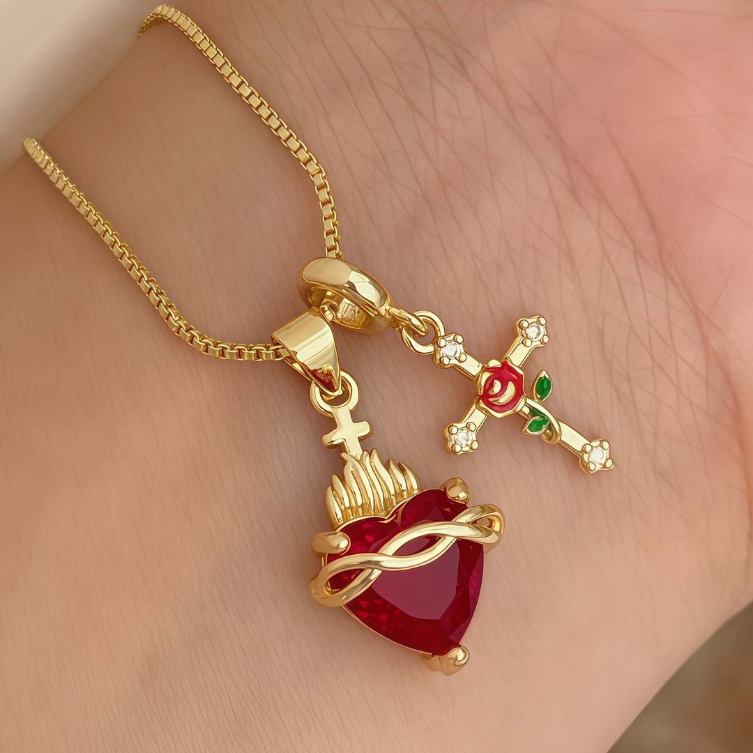 Sacred Heart Red Diamond & Rose Cross Combo Necklace, 3 Heart Styles Vintage Faith Choker