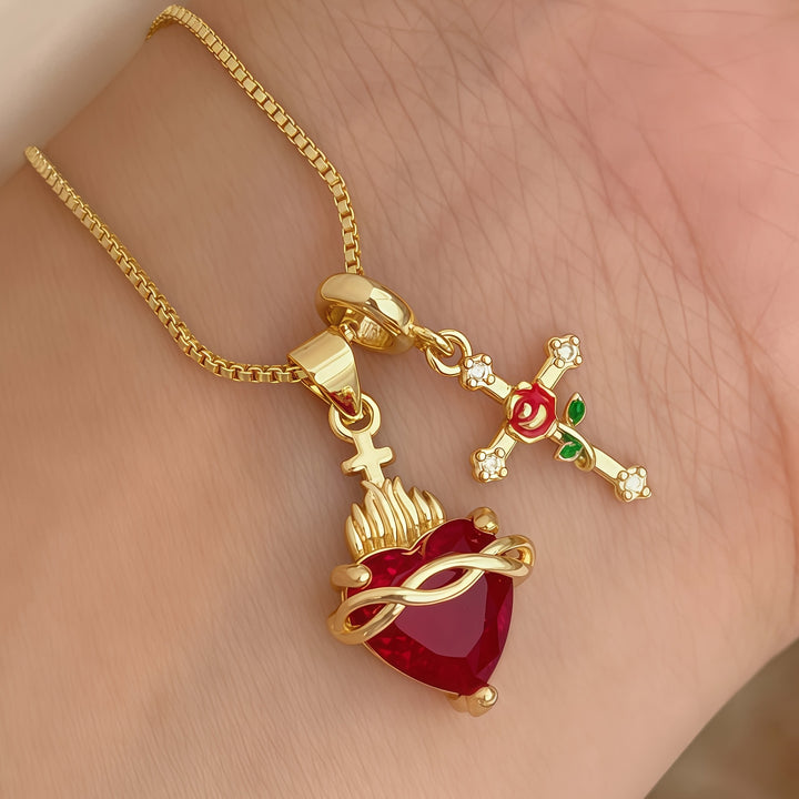 Sacred Heart Red Diamond & Rose Cross Combo Necklace, 3 Heart Styles Vintage Faith Choker