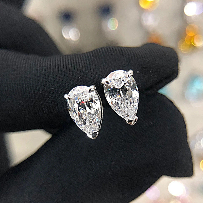 Pear Teardrop Single Diamond Stud Earrings, Minimalist 4-prong Setting Solid Diamond Studs, Silver Luxury Earrings