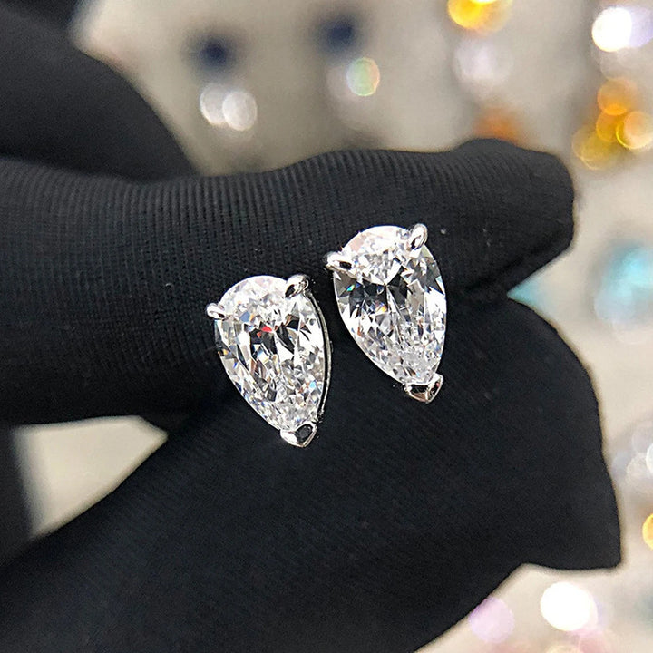 Pear Teardrop Single Diamond Stud Earrings, Minimalist 4-prong Setting Solid Diamond Studs, Silver Luxury Earrings