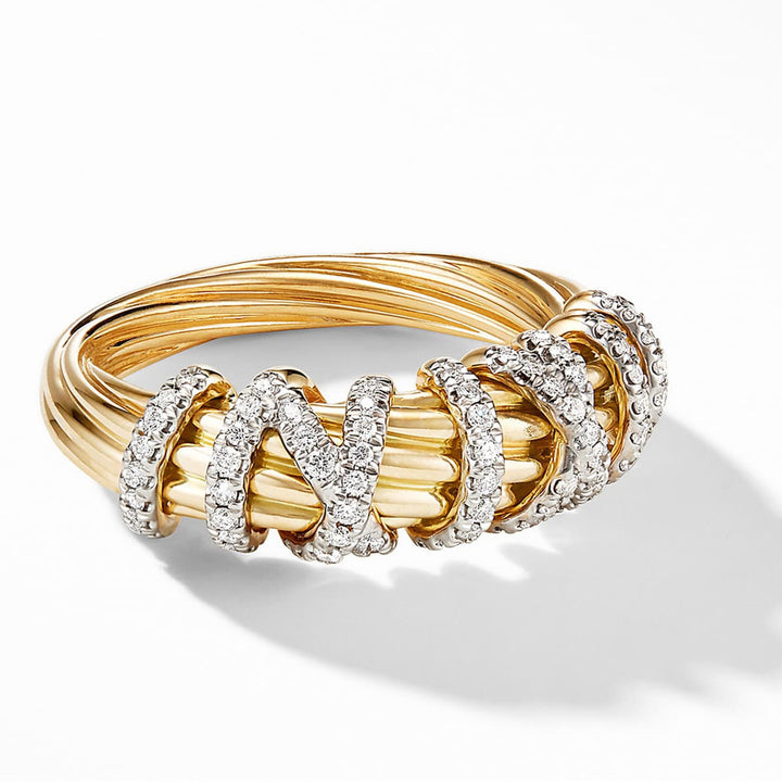 Two-Tone Intertwined Twist Multi-Layer Diamond Ring, Luxury Two-Tone Woven Line Wide Statement Band