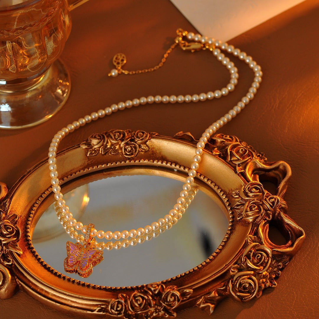 Vintage Enamel Butterfly Pearl Necklace, French Elegant Choker