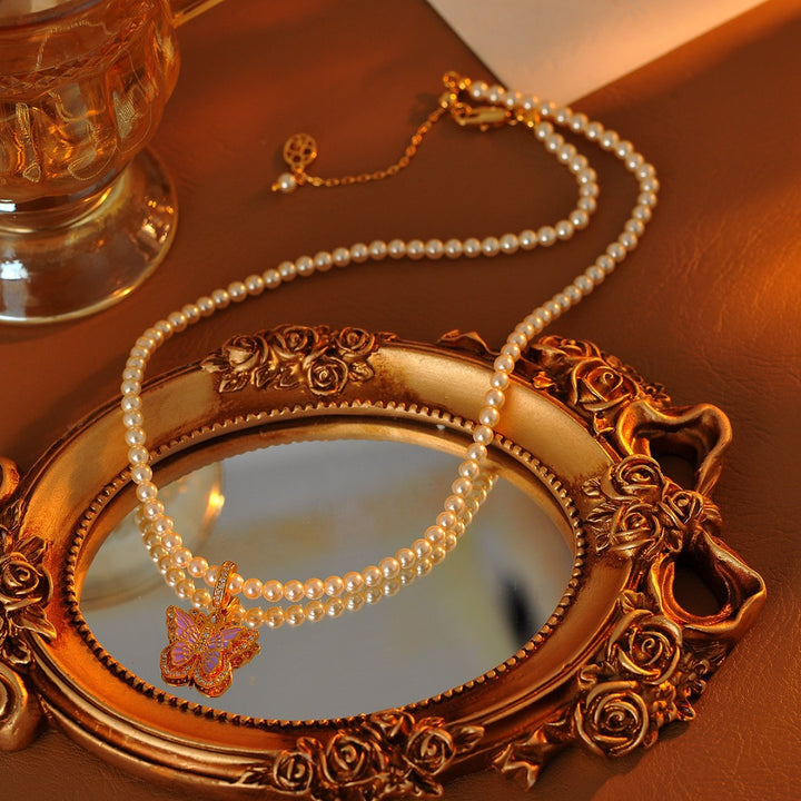 Vintage Enamel Butterfly Pearl Necklace, French Elegant Choker