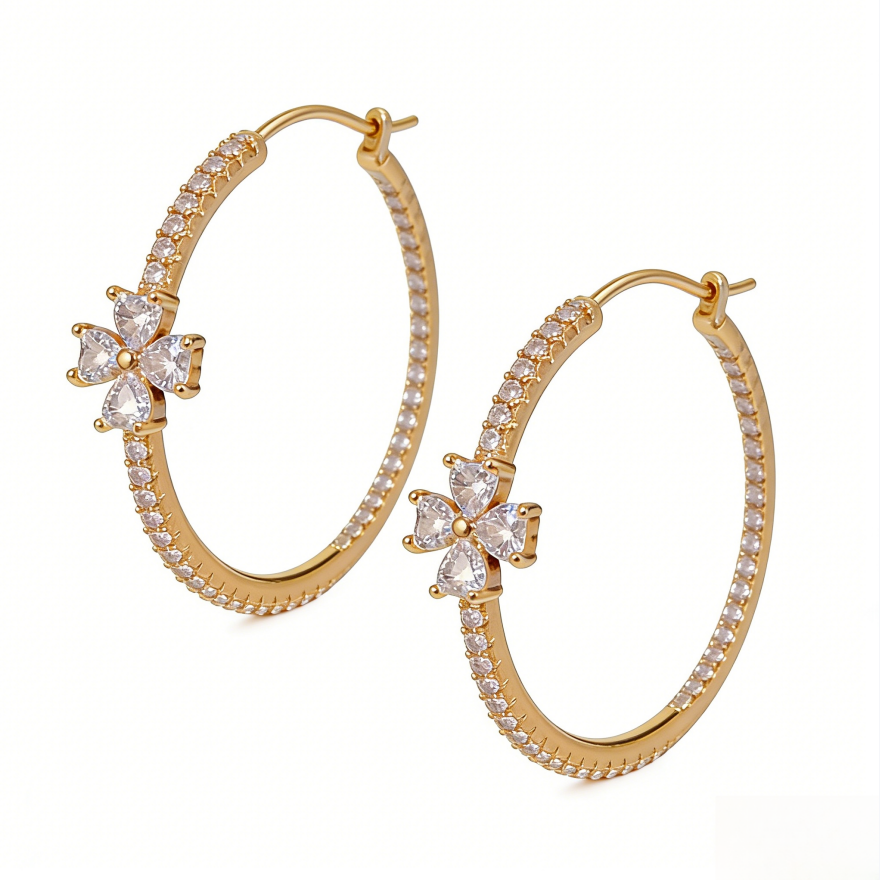 Four-Leaf Diamond Gold Hoop Earrings (Luxury Statement Hoops)