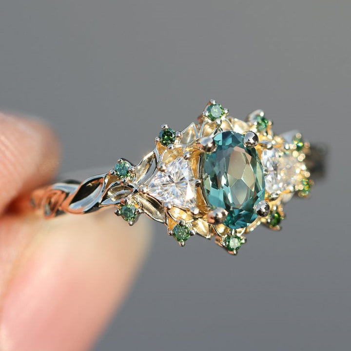 Two-Tone Gold Teal Diamond Forest-Style Ring (Vintage Luxury Engagement Band)