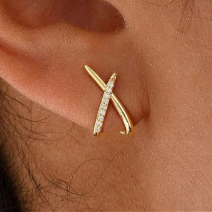 Cross X Paved Diamond Twist Stud Earrings, Minimal Intertwined Geometric Gold & Silver Elegant Daily Jewelry