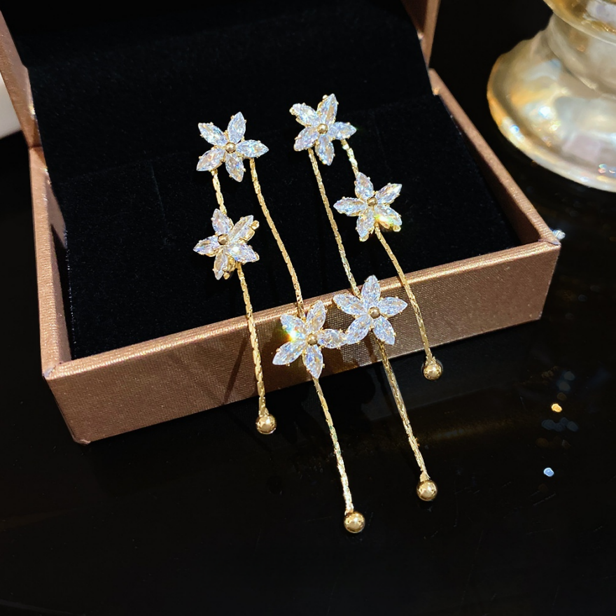 Three Diamond Flower Double Layer Tassel Stud Earrings, Floral Long Drop Gold Dainty Fairy Dangle Jewelry