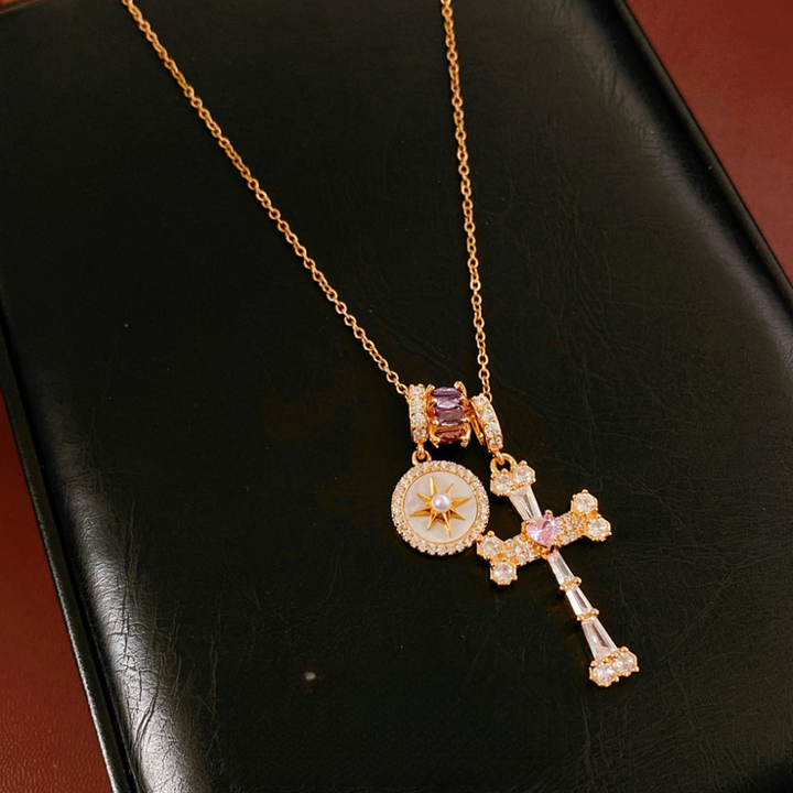 Vintage Eight-pointed Star & Multi-stone Cross Pendant Necklace, Luxury Diamond Faith Jewelry