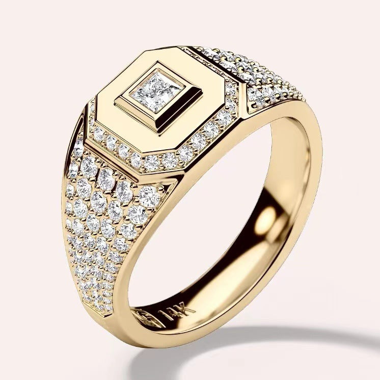 Square‑Cut Center Stone Pavé Wide‑Band S925 Sterling Silver Gold‑Tone Men's Ring