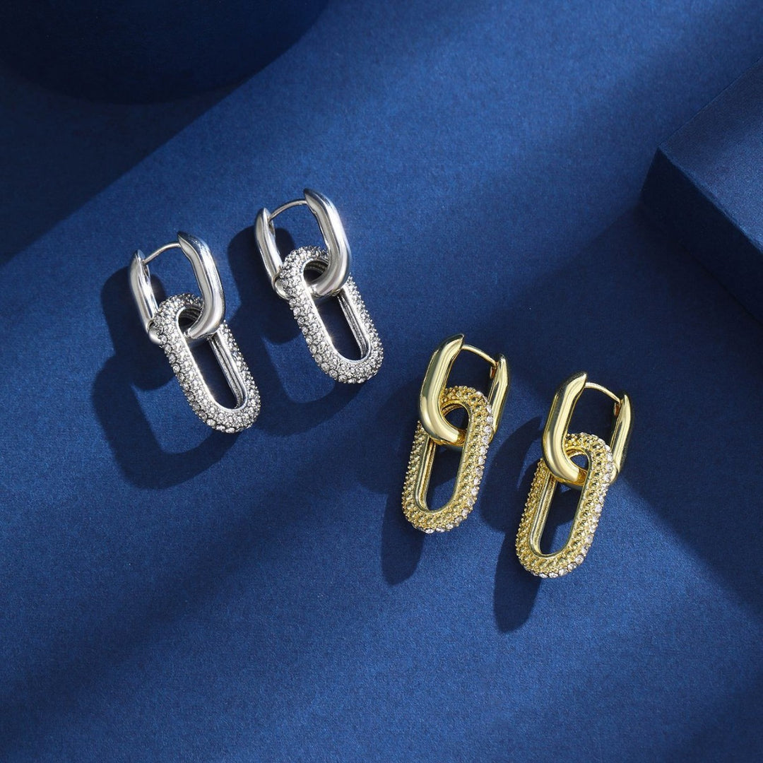 Double Link Paved Diamond Chain Huggie Earrings, Luxury Geometric Long Hollow Earrings, Gold & Silver Two Tones Available