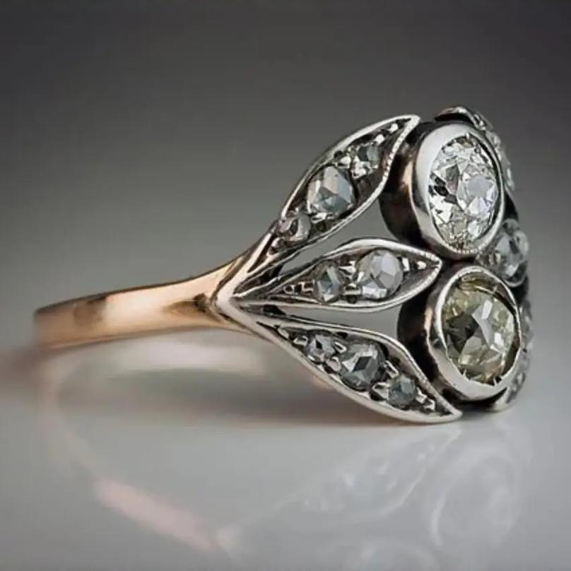 Edwardian Vintage Dual Center Stone Leaf Two-Tone Ring, Solid S925 Silver Rose Gold & Antiqued White Engagement Band