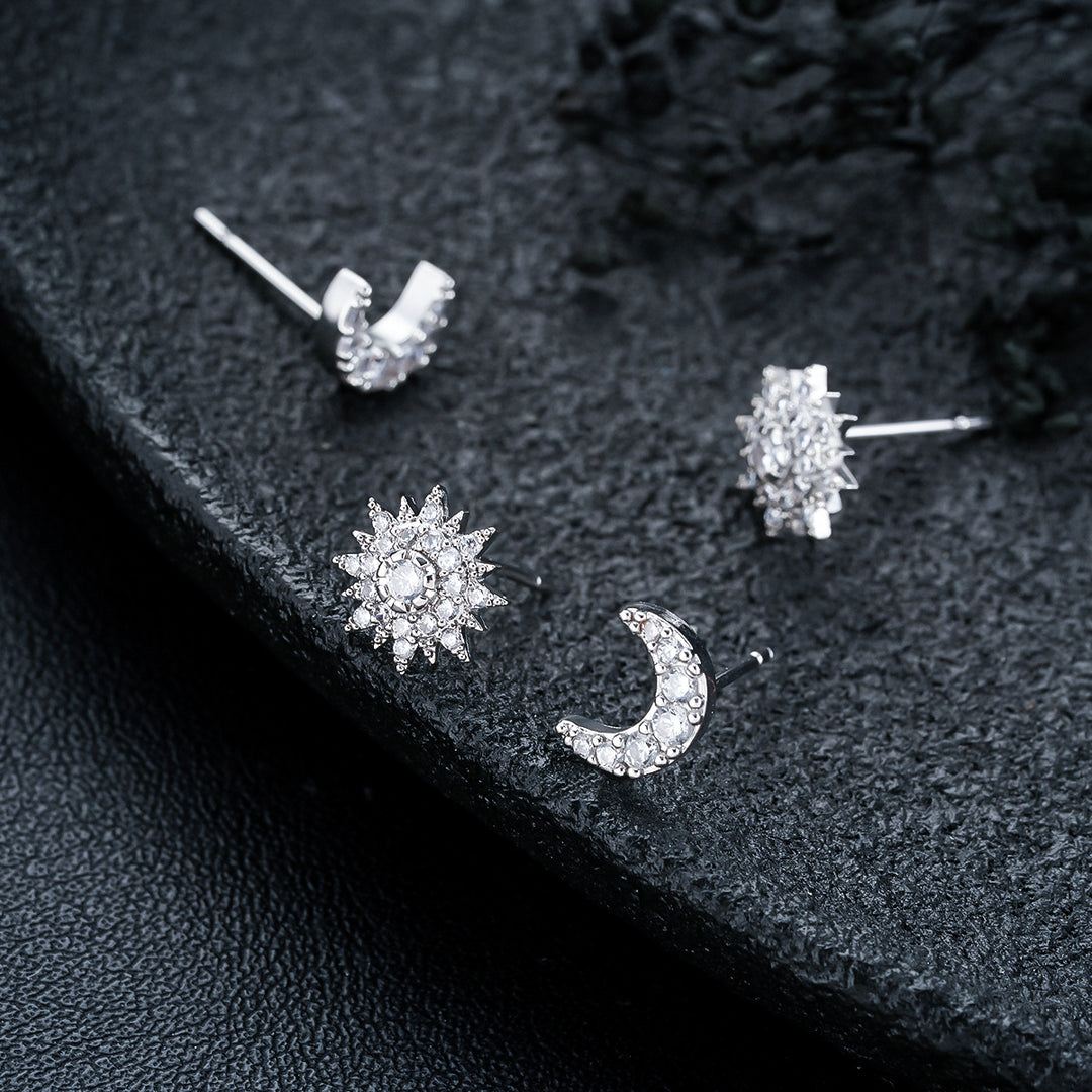 Sun And Moon Asymmetric Diamond Earrings, Starry Moon Paved Stud Earrings