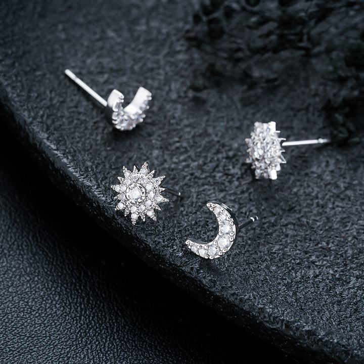 Sun And Moon Asymmetric Diamond Earrings, Starry Moon Paved Stud Earrings