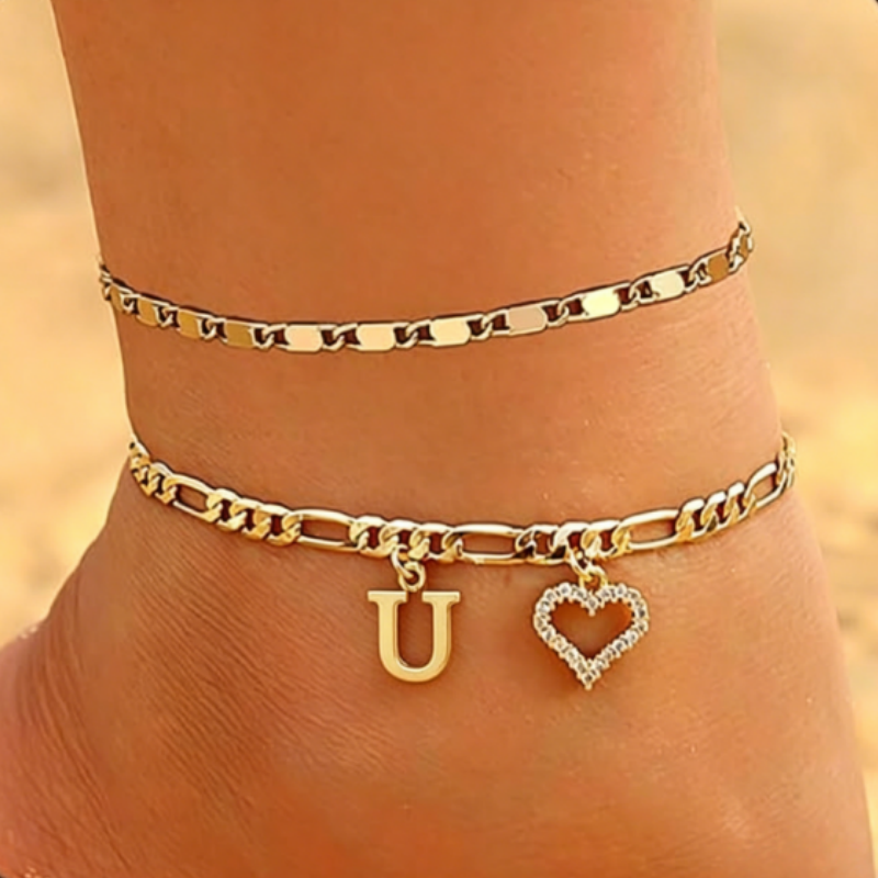 Double Layer Initial & Heart diamond Anklet (Gold Personalized Foot Jewelry)