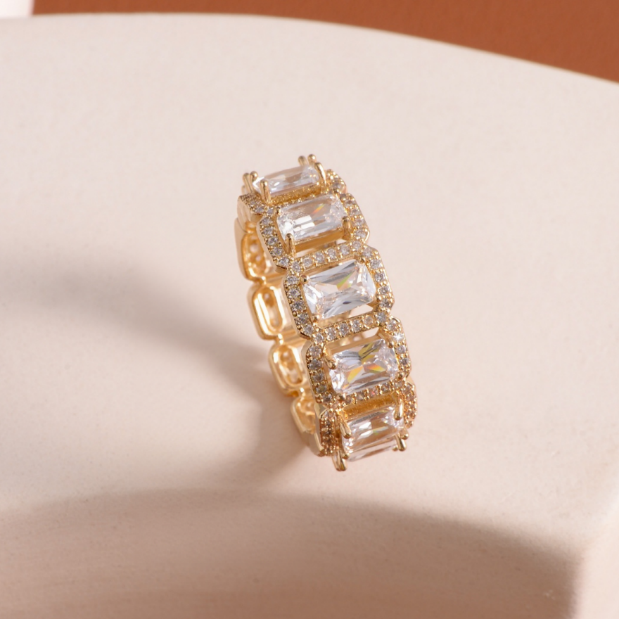 Baguette‑Cut Halo Eternity Band Ring, Two‑Tone Options