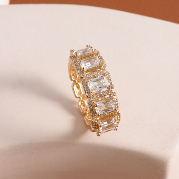 Baguette‑Cut Halo Eternity Band Ring, Two‑Tone Options