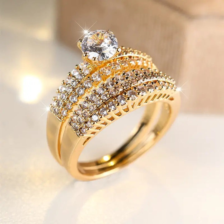 3-Row Pavé Center Stone Engagement Ring Set (Luxury Stackable Proposal Band 3-Piece)