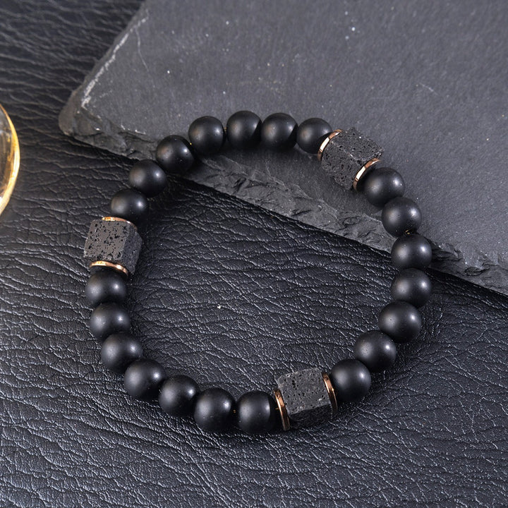 Matte Black Lava Stone Men Bracelet & Necklace Set, Vintage Frosted Beads Neutral Adjustable Jewelry Set