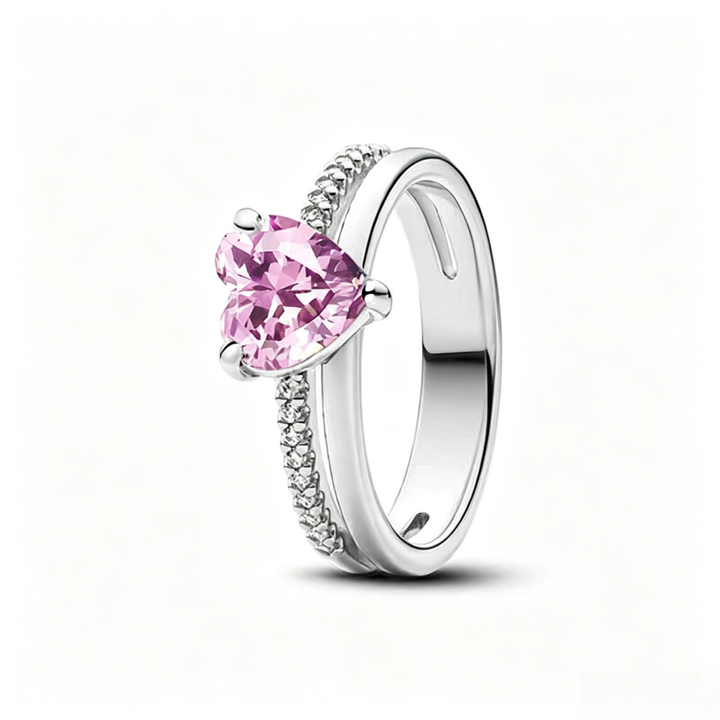 Heart Center Stone Double Layer S925 Silver Ring, 3-Prong Heart Diamond Luxury Band Multiple Colors Available